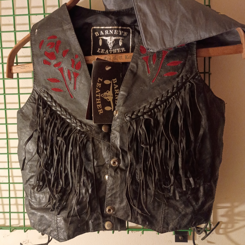 Barneys Leather Black Fringe Vest with Red Floral Appliqué